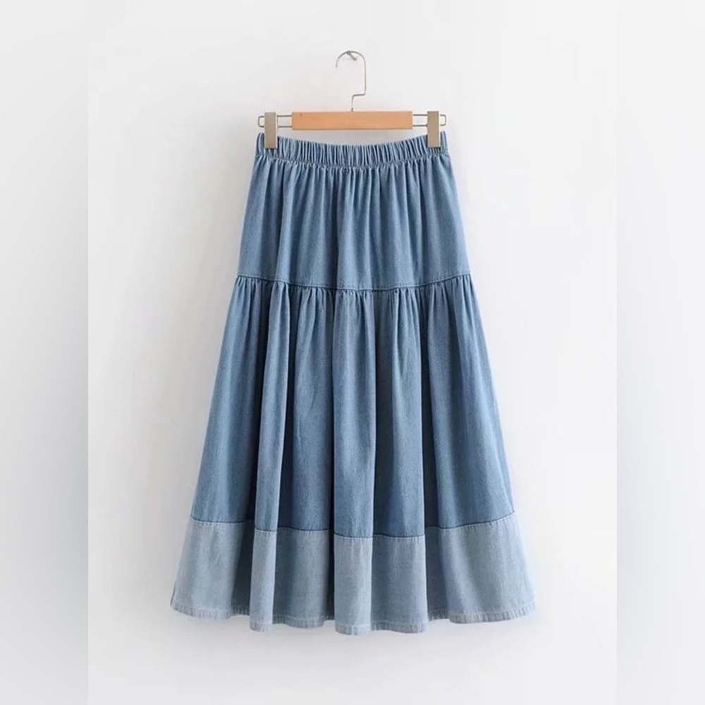 Tiered Denim Midi Skirt